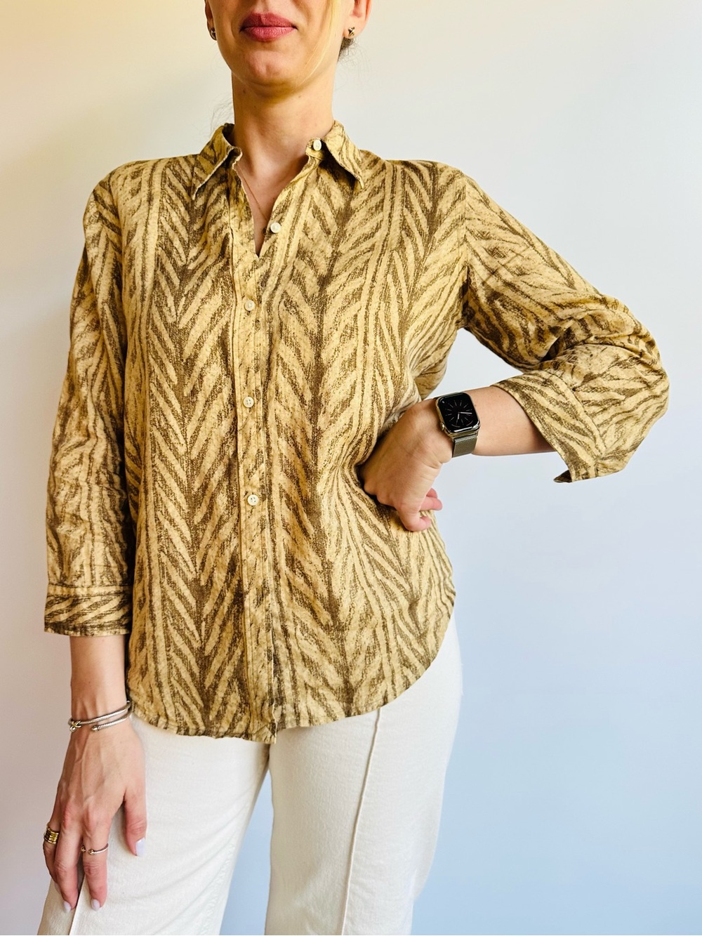 Ralph Lauren Linen Animal Print Button Down Shirt Safari Zebra Blouse Top Boho